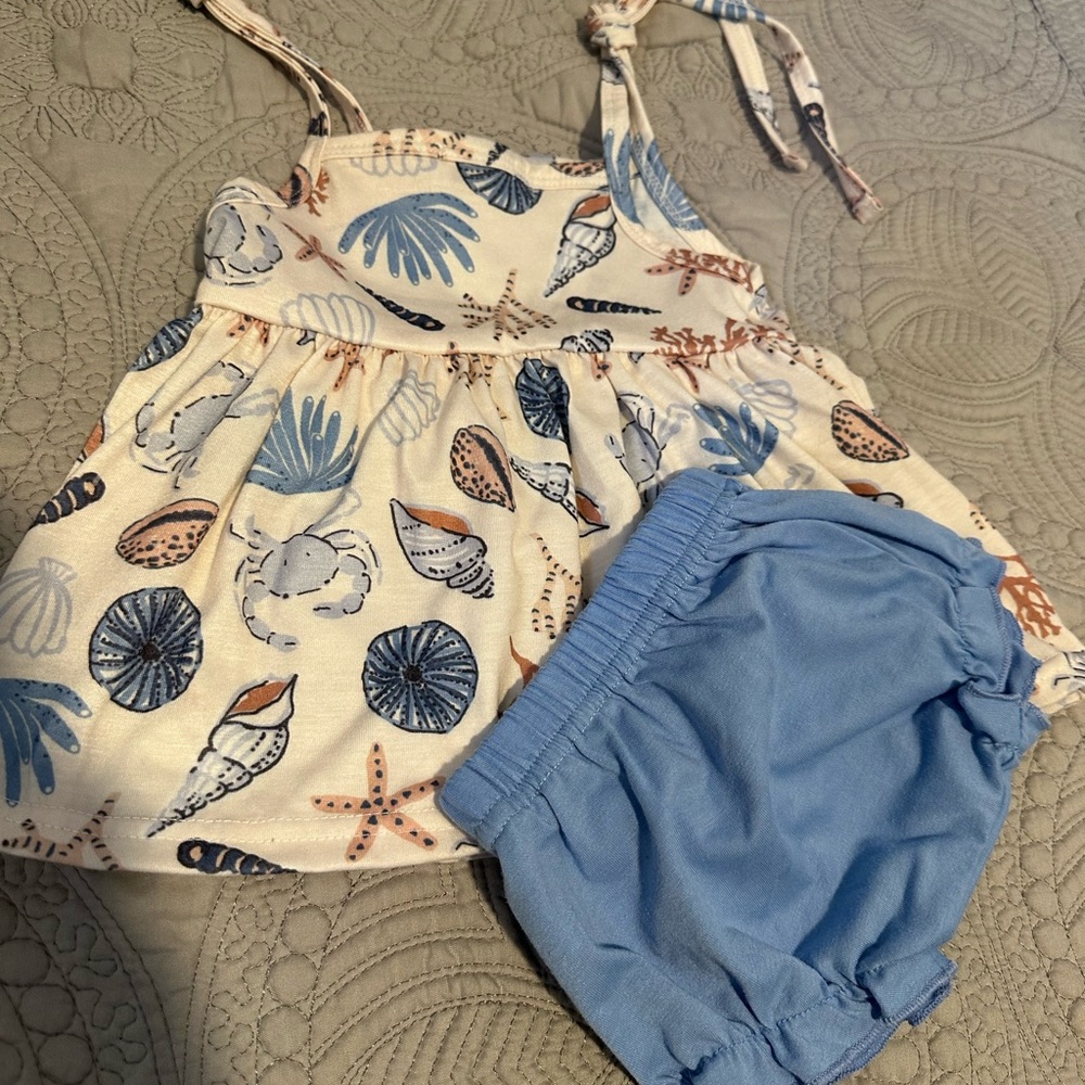 Seashell Print Kids Matching Set - Blue and Cream